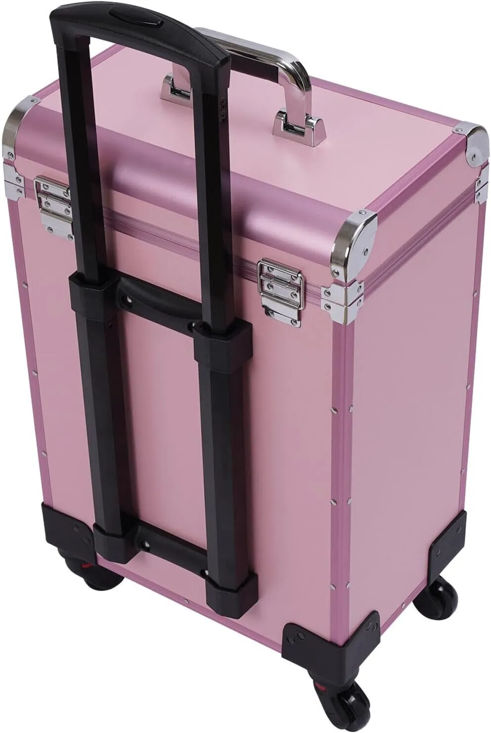 Rolling Makeup Case, Cosmetology Case on Wheels 3 Layer Nail Storage Case with CLear Storage Pocket Travel Polish Organizer Trolley for Stylist Nail Technician Salon Metal lock-Pink