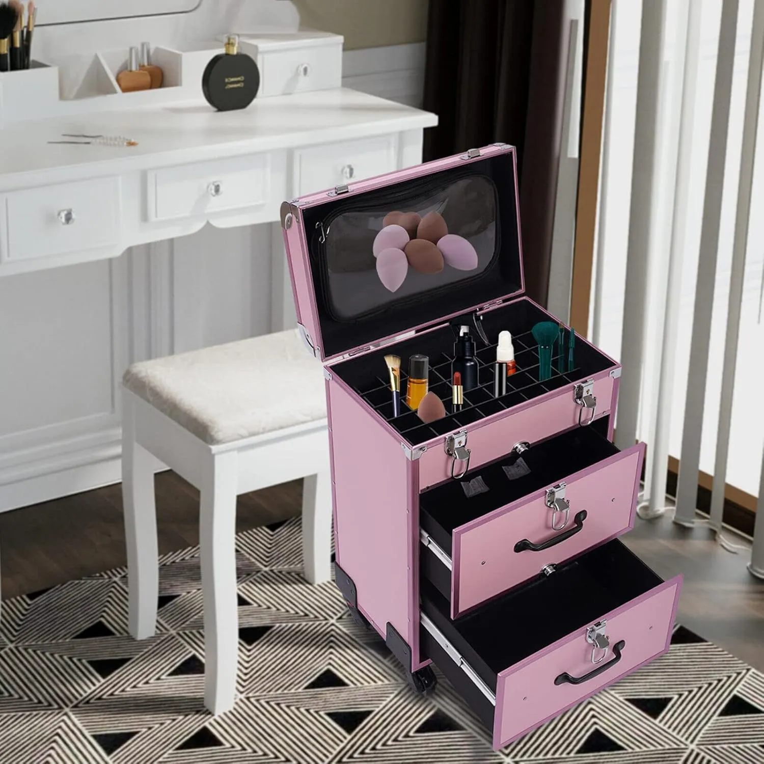 Rolling Makeup Case, Cosmetology Case on Wheels 3 Layer Nail Storage Case with CLear Storage Pocket Travel Polish Organizer Trolley for Stylist Nail Technician Salon Metal lock-Pink