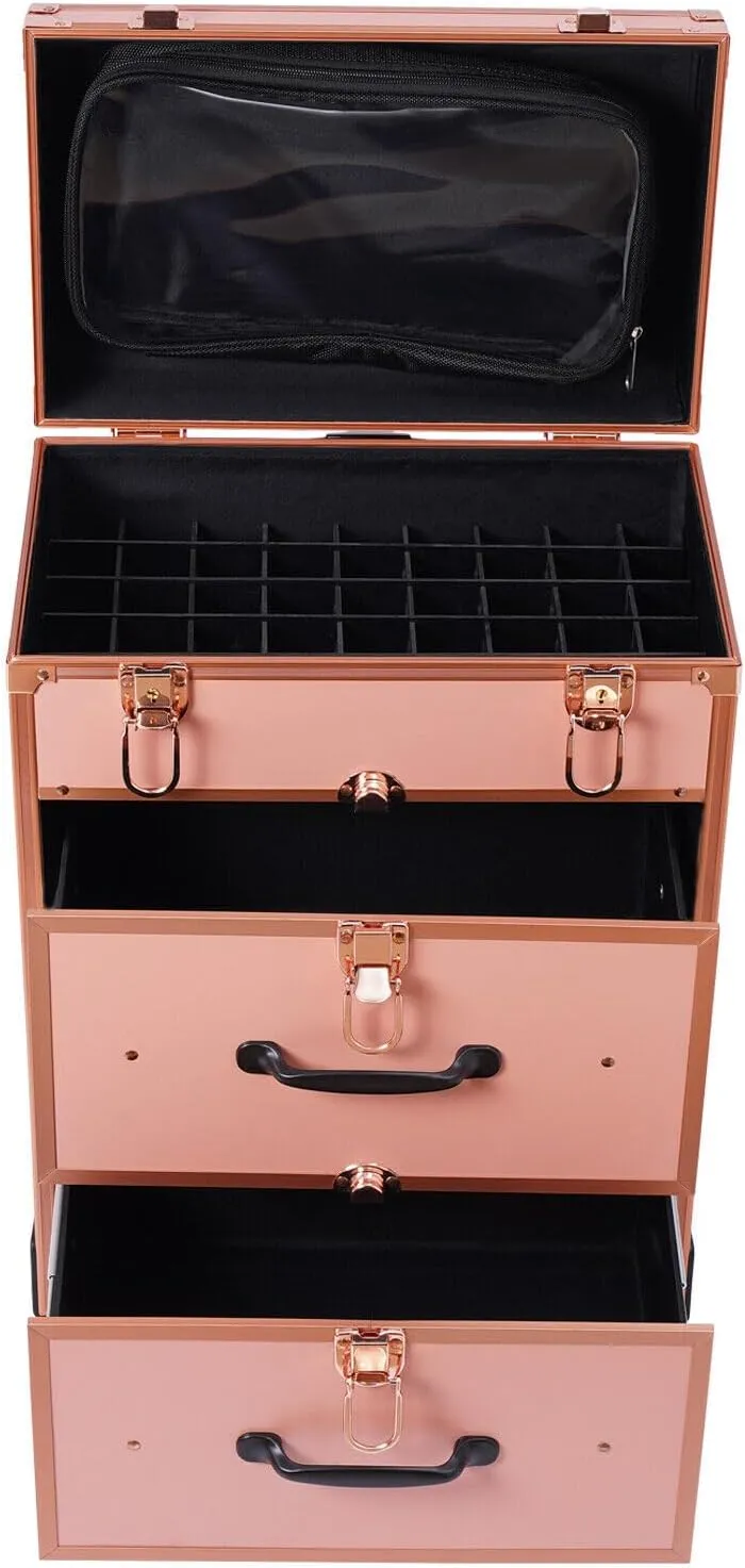Rolling Makeup Case, Cosmetology Case on Wheels 3 Layer Nail Storage Case with CLear Storage Pocket Travel Polish Organizer Trolley for Stylist Nail Technician Salon Metal Lock-Rose Gold