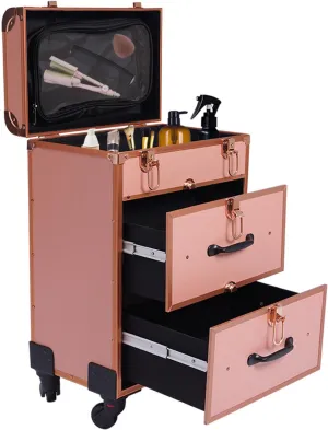 Rolling Makeup Case, Cosmetology Case on Wheels 3 Layer Nail Storage Case with CLear Storage Pocket Travel Polish Organizer Trolley for Stylist Nail Technician Salon Metal Lock-Rose Gold
