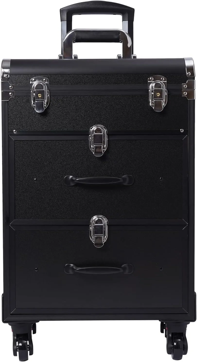 Rolling Makeup Case, Large Cosmetic Trolley w/ Locks, Makeup Bag w/ Dividers, Makeup Rolling Cosmetic Organizer Makeup Traveling Case Makeup Trolley, Cosmetics Storage Organizer Make up Case (Black)