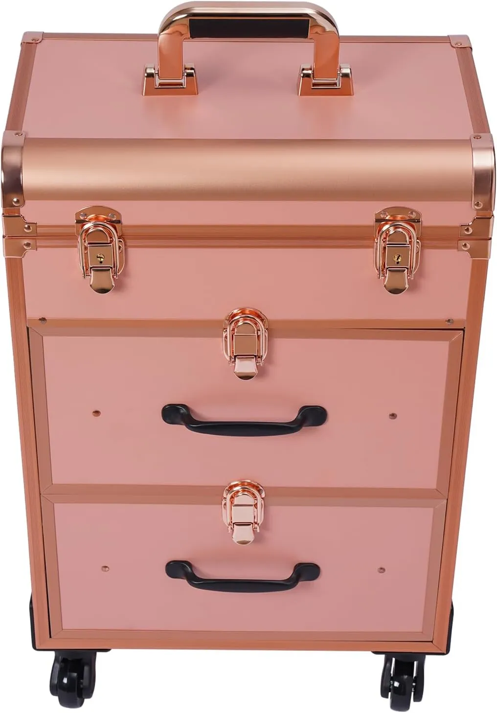 Rolling Makeup Case, Large Cosmetic Trolley with Locks, Make up Bag with dividers, Cosmetics Storage Organizer for Nail Art and Hair Styling, Travel Makeup Jewelry Storage Organizer (Gold)