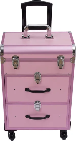 Rolling Makeup Case, Large Cosmetic Trolley with Locks, Make up Bag with dividers, Cosmetics Storage Organizer for Nail Art and Hair Styling, Travel Makeup Jewelry Storage Organizer (Pink)