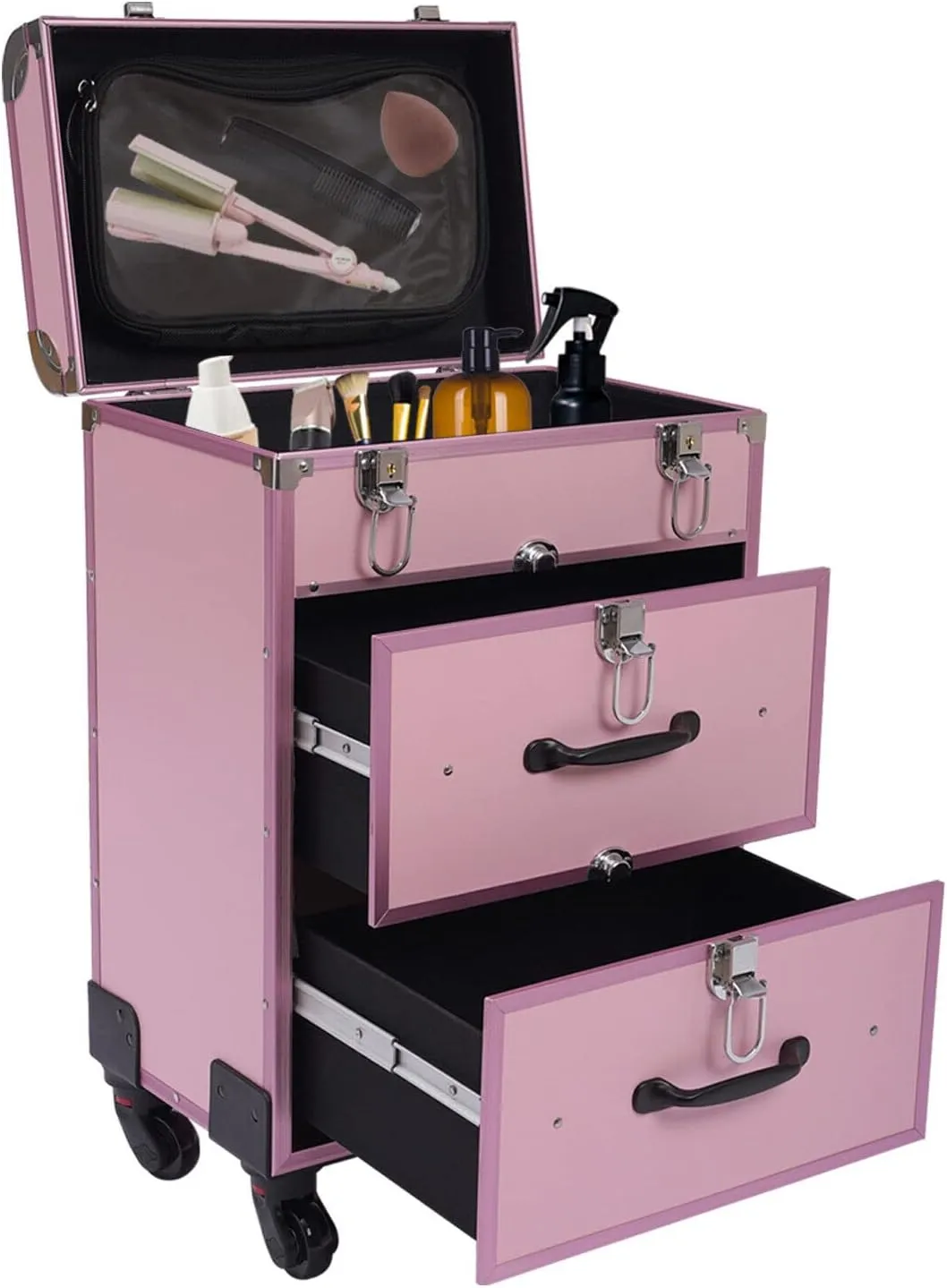 Rolling Makeup Case, Large Cosmetic Trolley with Locks, Make up Bag with dividers, Cosmetics Storage Organizer for Nail Art and Hair Styling, Travel Makeup Jewelry Storage Organizer (Pink)