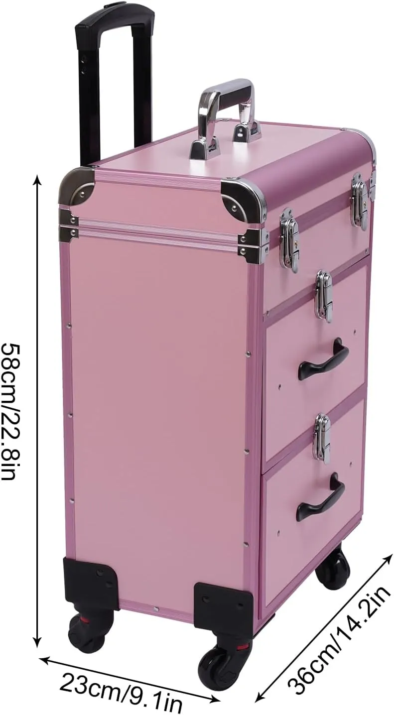 Rolling Makeup Case, Large Cosmetic Trolley with Locks, Make up Bag with dividers, Cosmetics Storage Organizer for Nail Art and Hair Styling, Travel Makeup Jewelry Storage Organizer (Pink)