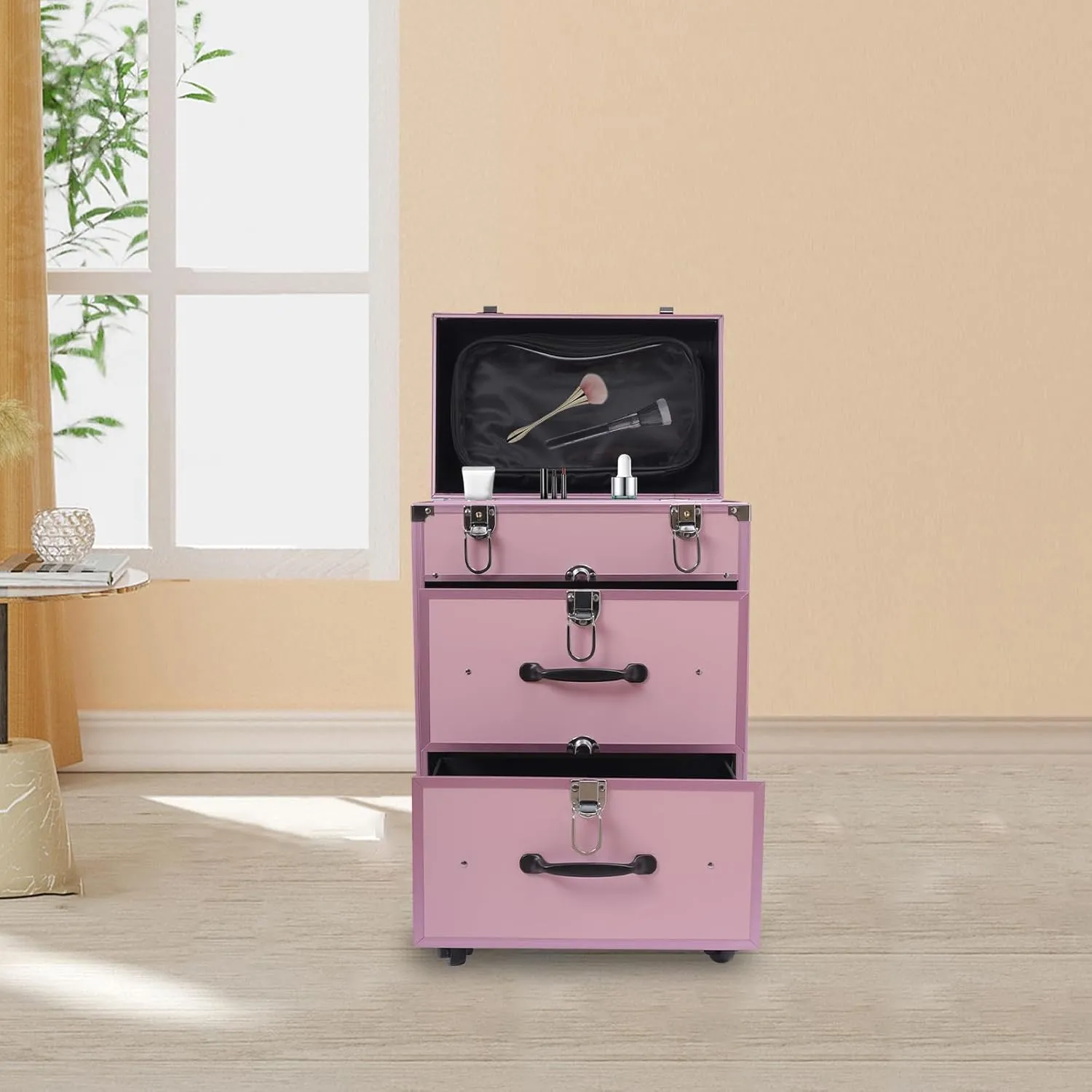 Rolling Makeup Case Large Cosmetic Trolley with Locks Make up Bag with dividers Cosmetics Storage Organizer for On The Go Makeup/Nail Art/Hair Styling