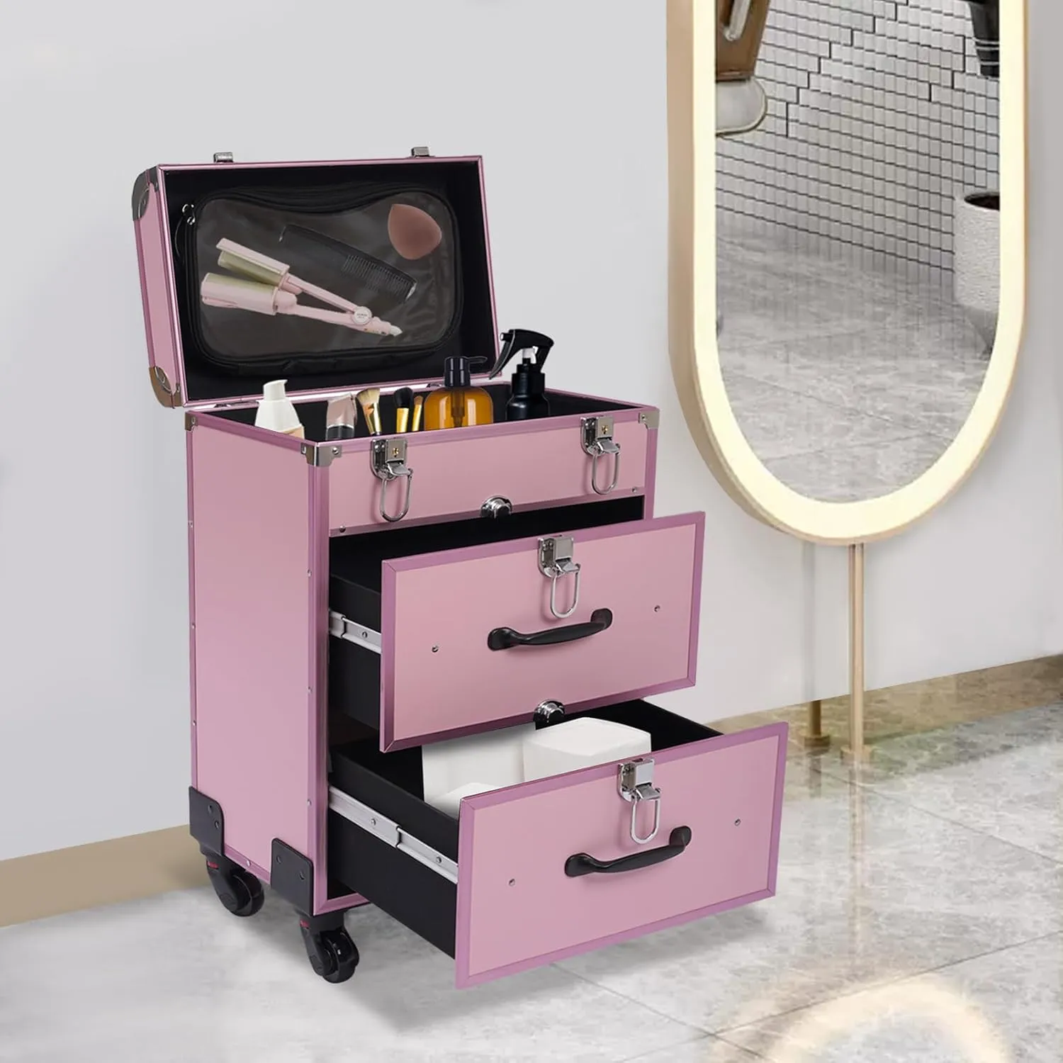 Rolling Makeup Case Large Cosmetic Trolley with Locks Make up Bag with dividers Cosmetics Storage Organizer for On The Go Makeup/Nail Art/Hair Styling