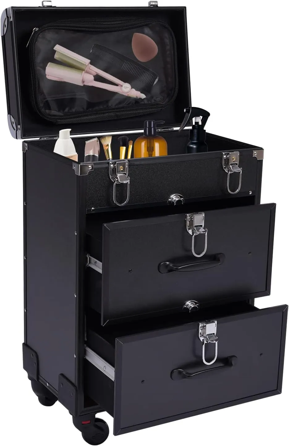 Rolling Makeup Case, Large Cosmetic Trolley with Locks, Professional Rolling Makeup Trolley with Dividers, Large Storage for Make-Up Artists, Hairdressers, Nail Technicians (Black)