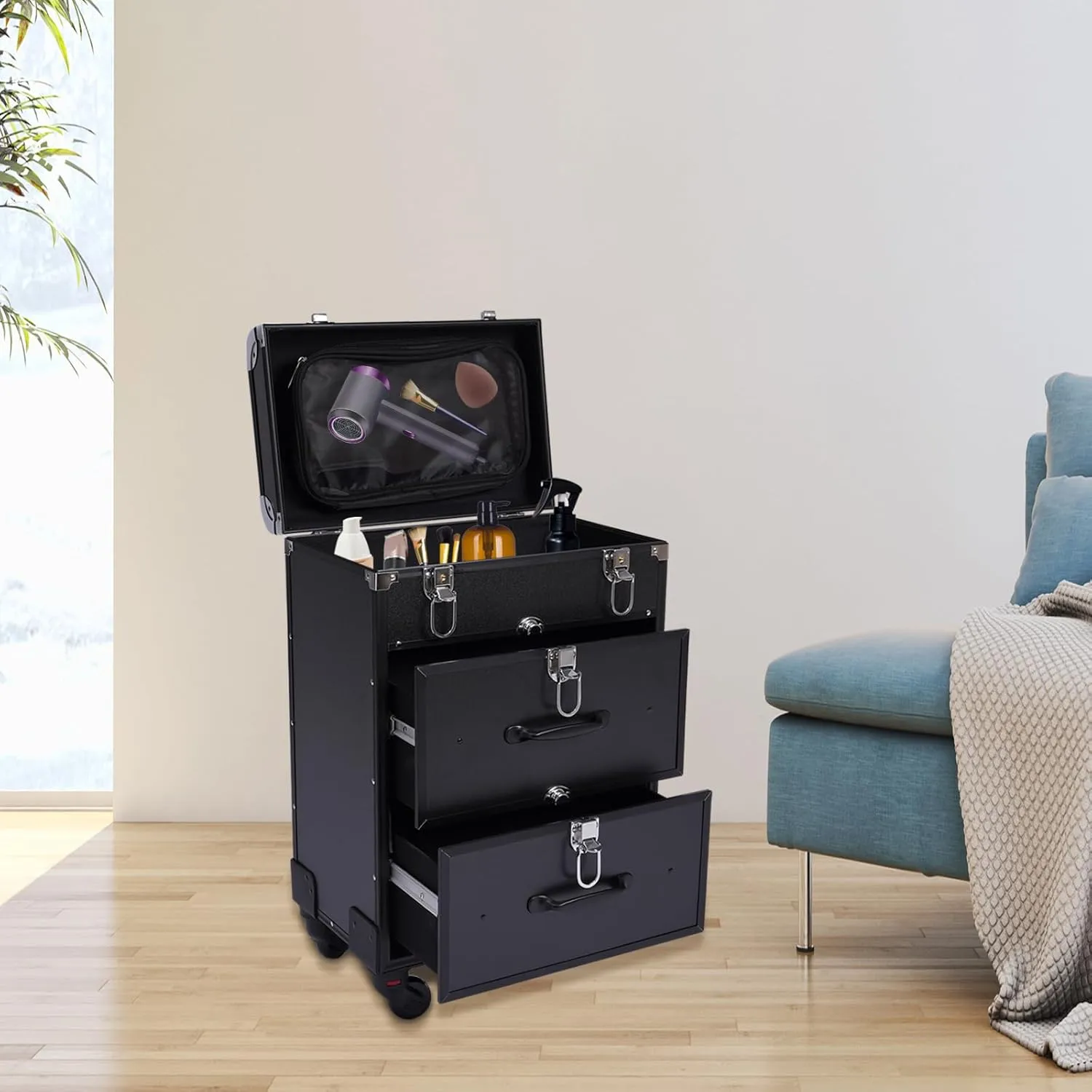 Rolling Makeup Case, Large Cosmetic Trolley with Locks, Professional Rolling Makeup Trolley with Dividers, Large Storage for Make-Up Artists, Hairdressers, Nail Technicians (Black)