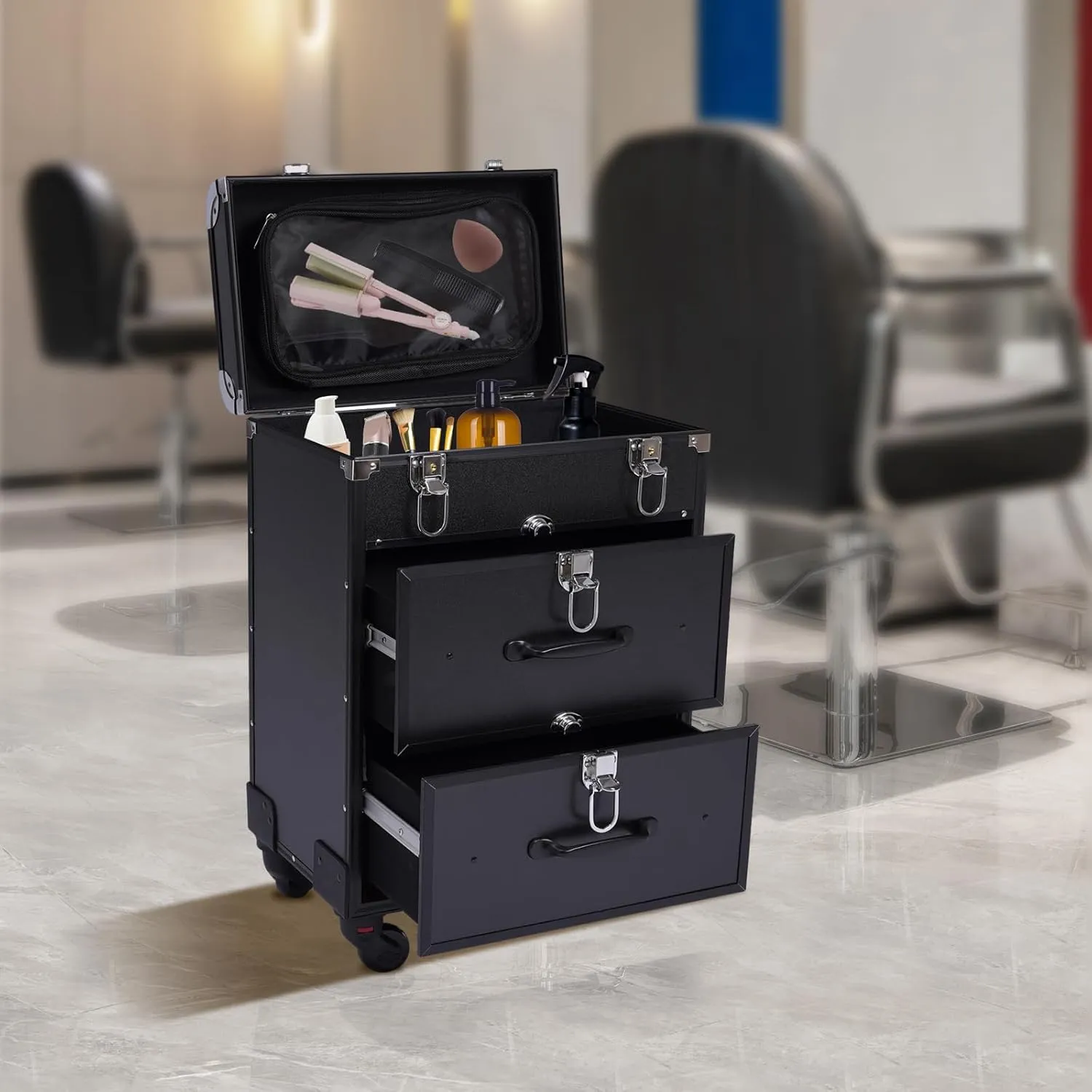 Rolling Makeup Case, Large Cosmetic Trolley with Locks, Professional Rolling Makeup Trolley with Dividers, Large Storage for Make-Up Artists, Hairdressers, Nail Technicians (Black)