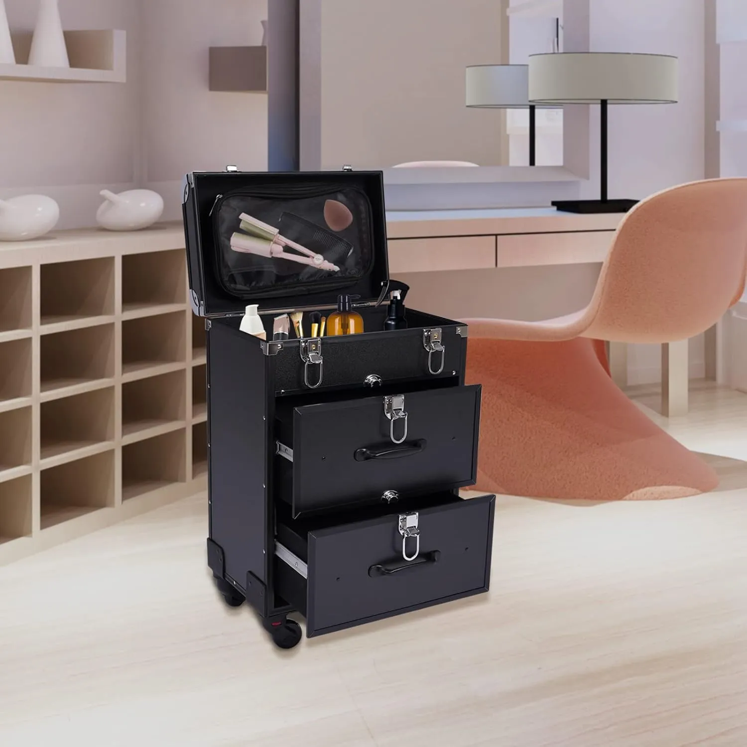 Rolling Makeup Case, Large Cosmetic Trolley with Locks, Professional Rolling Makeup Trolley with Dividers, Large Storage for Make-Up Artists, Hairdressers, Nail Technicians (Black)
