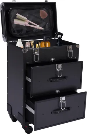 Rolling Makeup Case, Large Cosmetic Trolley with Locks, Professional Rolling Makeup Trolley with Dividers, Large Storage for Make-Up Artists, Hairdressers, Nail Technicians (Black)