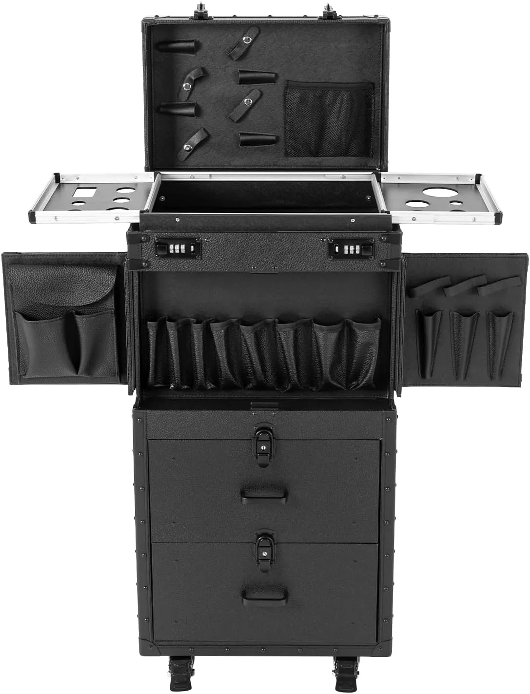 Rolling Makeup Case, Professional Hair Stylist Travel Case, Large Storage Cosmetic Hairdressing Trolley Cosmetology Train Case, Lockable Beauty Salon Luggage Organizer Tool Box With Casters (Black)