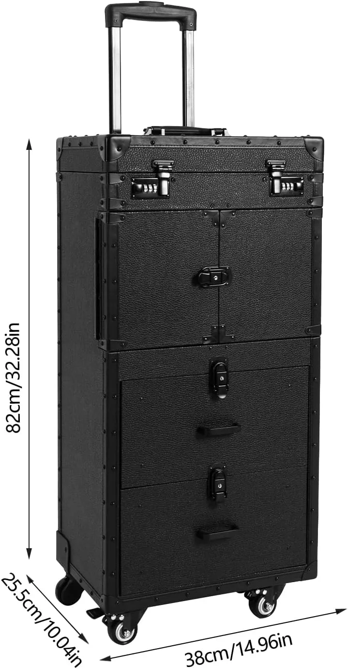Rolling Makeup Case, Professional Hair Stylist Travel Case, Large Storage Cosmetic Hairdressing Trolley Cosmetology Train Case, Lockable Beauty Salon Luggage Organizer Tool Box With Casters (Black)