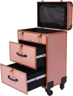 Rolling Makeup Train Case 3 Tier Travel Cosmetic Trolley with Adjustable Dividers Makeup Cart with Lock Makeup Suitcase Barber Case Cosmetic Case for On The Go Makeup Nail Art Hair Styling (Gold)