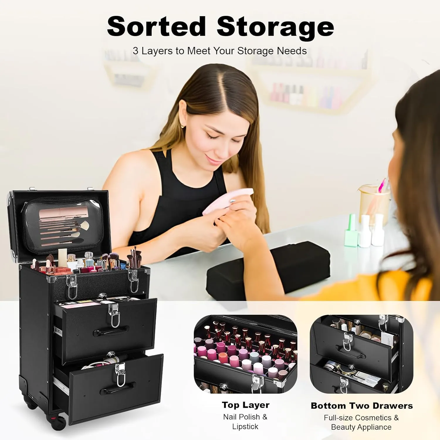 Rolling Makeup Train Case, Large Travel Make Up Case on Wheels, Professional Rolling Nail Case with Drawers and Locks, Portable 3 Layers Makeup Trolley for Hairdresser, Makeup Artist (Black)