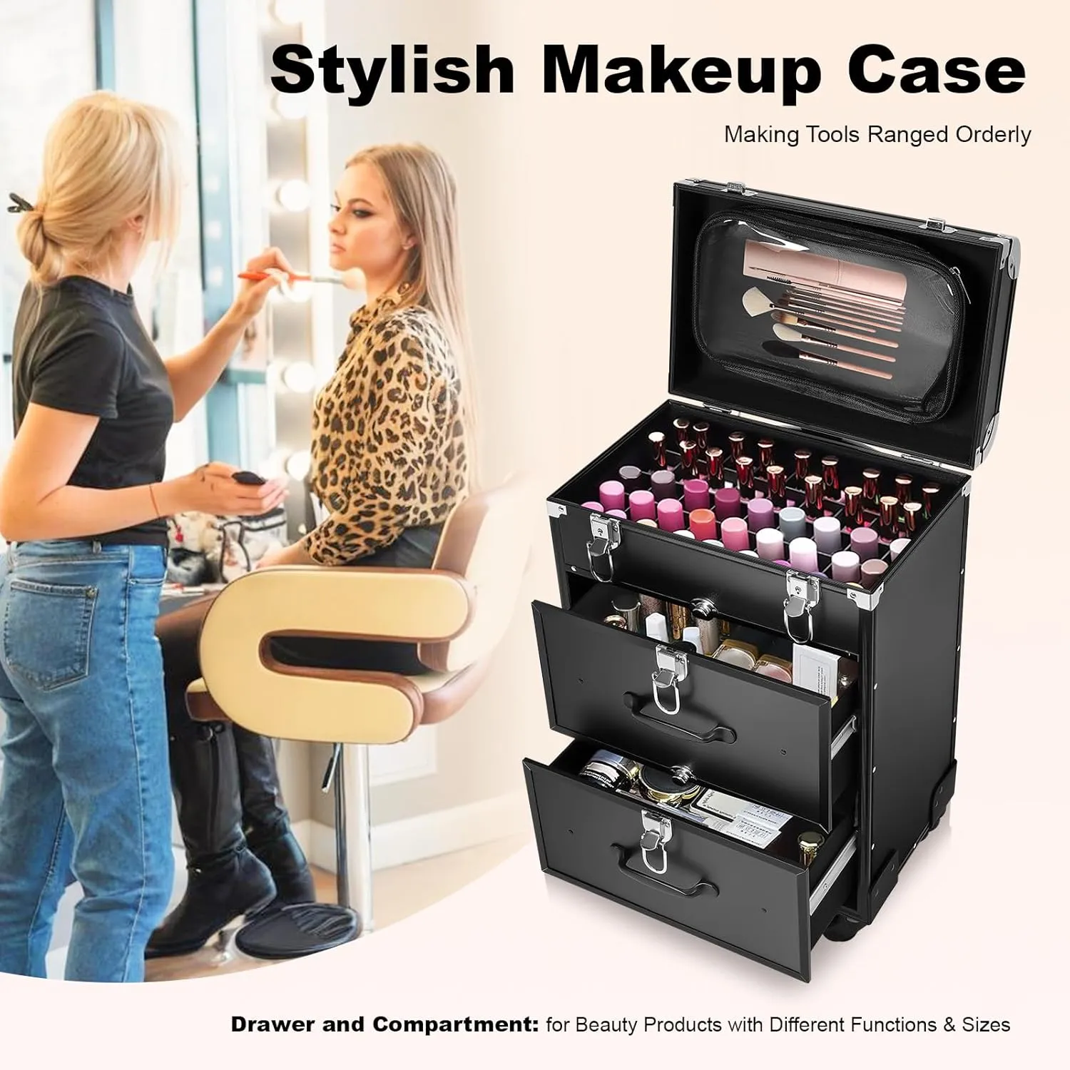 Rolling Makeup Train Case, Large Travel Make Up Case on Wheels, Professional Rolling Nail Case with Drawers and Locks, Portable 3 Layers Makeup Trolley for Hairdresser, Makeup Artist (Black)