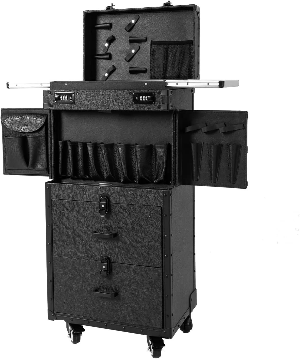 Rolling Makeup Train Case Lockable Cosmetic Trolley Hairdressing Stylist Beauty Salon Luggage with Hair Dryer Holder Makeup Travel Organizer Tool Box for Salon Barber, Black