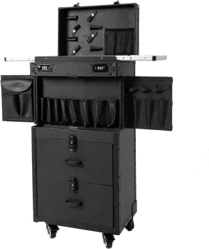 Rolling Makeup Train Case Lockable Cosmetic Trolley Hairdressing Stylist Beauty Salon Luggage with Hair Dryer Holder Makeup Travel Organizer Tool Box for Salon Barber, Black