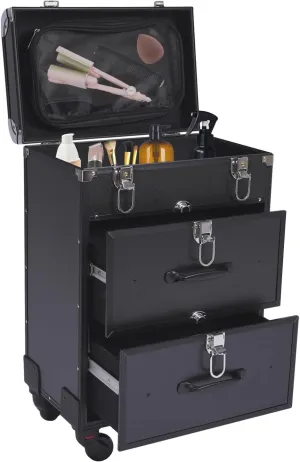 Rolling Makeup Train Case Makeup Trolley Case with Wheels&Locks Makeup Luggage Case Cosmetics Organizer Tool Box for Barber Stores, Nail Salons, Beauty Centers, Black