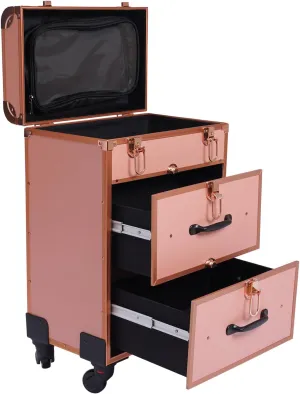 Rolling Makeup Train Case, Portable Makeup Case Traveling, Professional Cosmetic Trolley with Locks and Wheels, 3 Layers Make up Trolley for Hairdresser, Makeup Artist (Gold)