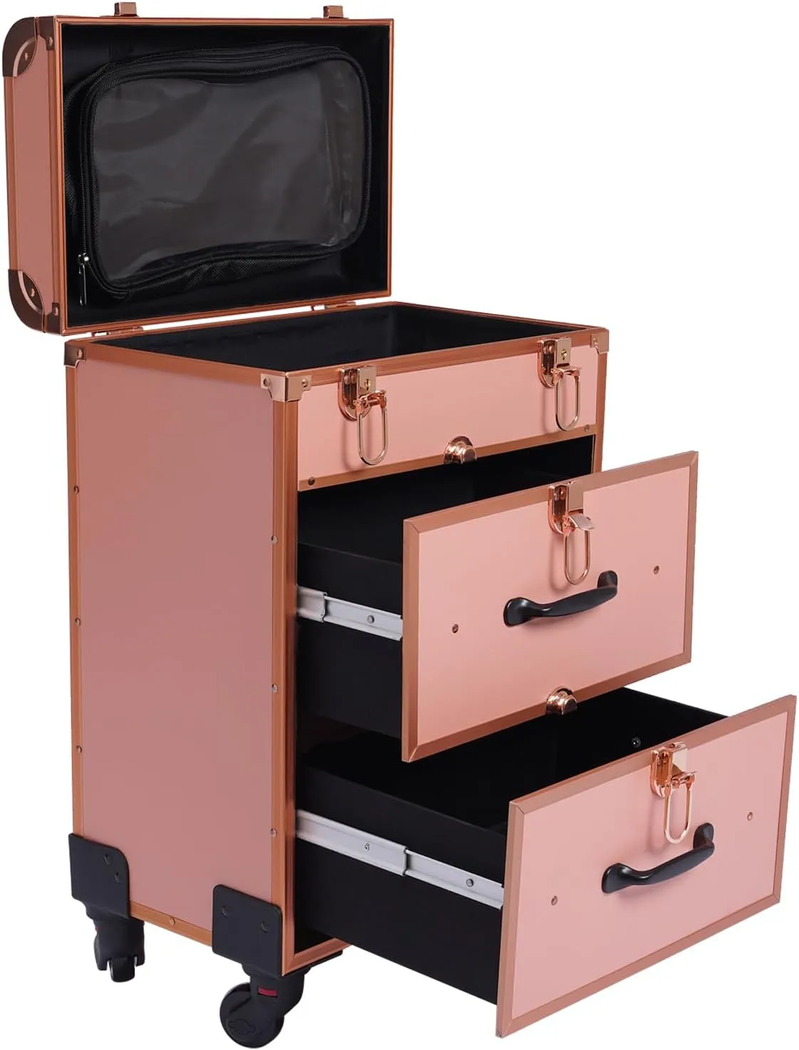Rolling Makeup Train Case, Portable Makeup Case Traveling, Professional Cosmetic Trolley with Locks and Wheels, 3 Layers Make up Trolley for Hairdresser, Makeup Artist (Gold)