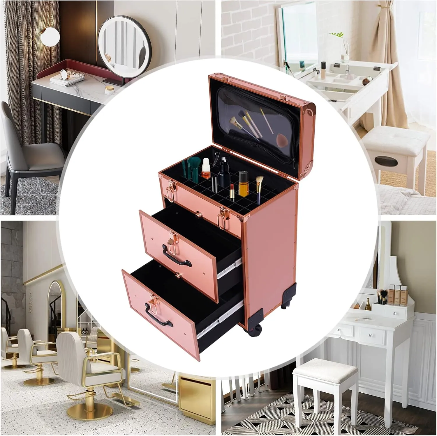 Rolling Makeup Train Case, Portable Makeup Case Traveling, Professional Cosmetic Trolley with Locks and Wheels, 3 Layers Make up Trolley for Hairdresser, Makeup Artist (Gold)