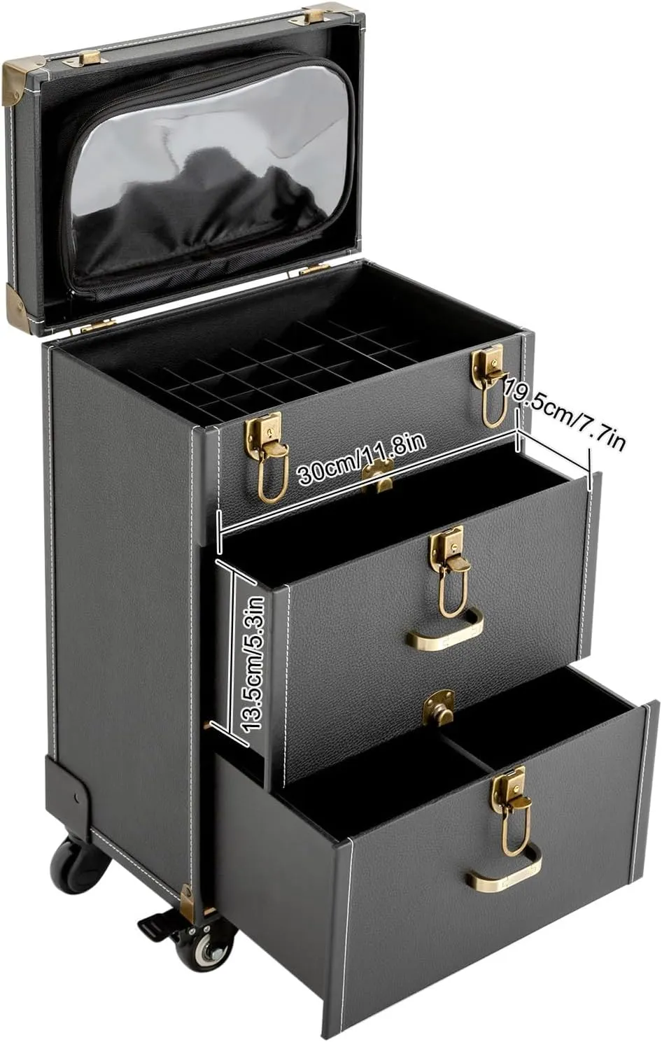 Rolling Makeup Train Case Professional Cosmetic Organizer Trolley with Drawers Compartment Nail Case Wheeled Manicure Pedicure Storage Case for Hair Stylists Makeup Artists (Black & Copper)