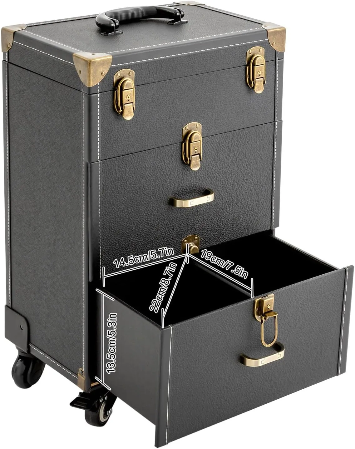 Rolling Makeup Train Case Professional Cosmetic Organizer Trolley with Drawers Compartment Nail Case Wheeled Manicure Pedicure Storage Case for Hair Stylists Makeup Artists (Black & Copper)
