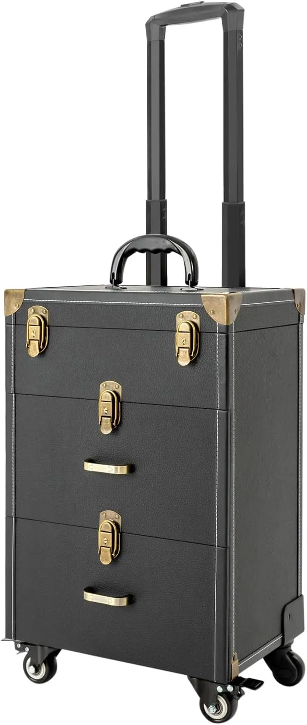 Rolling Makeup Train Case Professional Cosmetic Organizer Trolley with Drawers Compartment Nail Case Wheeled Manicure Pedicure Storage Case for Hair Stylists Makeup Artists (Black & Copper)