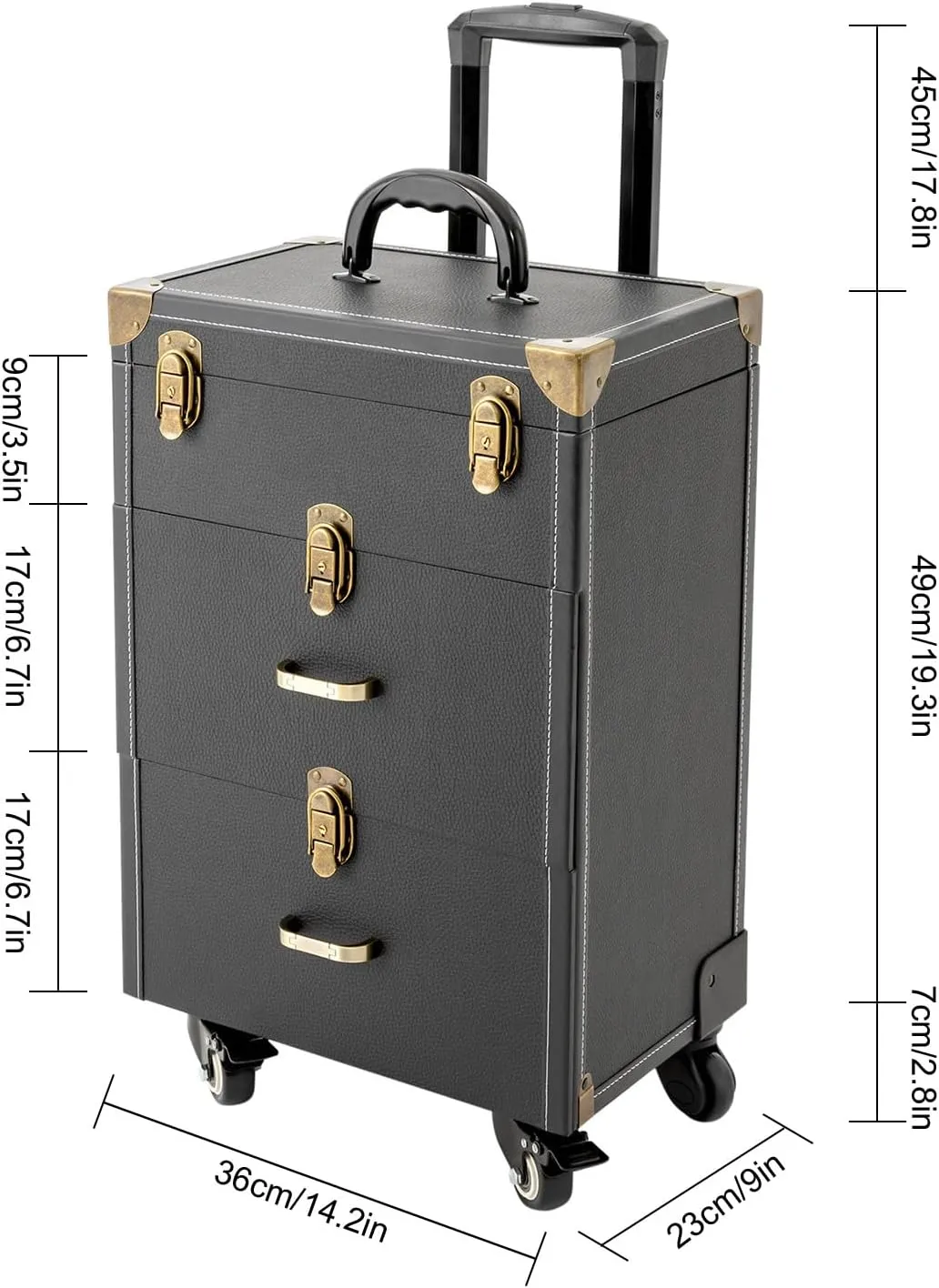 Rolling Makeup Train Case Professional Cosmetic Organizer Trolley with Drawers Compartment Nail Case Wheeled Manicure Pedicure Storage Case for Hair Stylists Makeup Artists (Black & Copper)