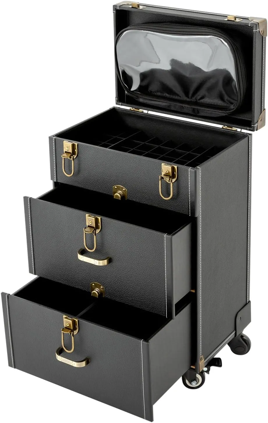 Rolling Makeup Train Case Professional Cosmetic Organizer Trolley with Drawers Compartment Nail Case Wheeled Manicure Pedicure Storage Case for Hair Stylists Makeup Artists (Black & Copper)