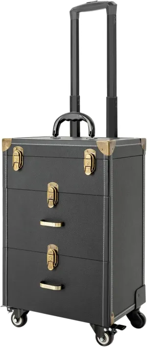 Rolling Makeup Train Case Professional Cosmetic Organizer Trolley with Drawers Compartment Nail Case Wheeled Manicure Pedicure Storage Case for Hair Stylists Makeup Artists (Black & Copper)