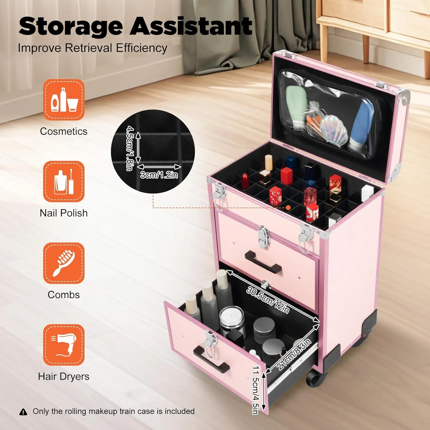 Rolling Makeup Train Case Professional Cosmetic Organizer Trolley with Drawers Compartment Nail Case Wheeled Manicure Pedicure Storage Case for Hair Stylists Makeup Artists (Light Pink & Silver)
