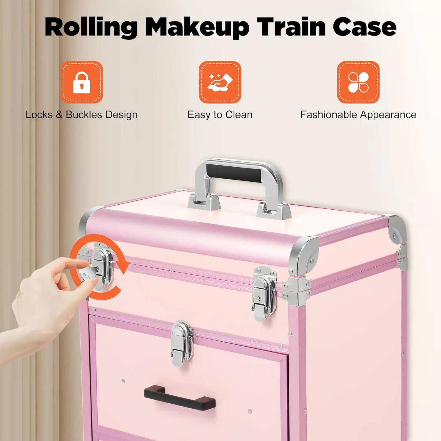 Rolling Makeup Train Case Professional Cosmetic Organizer Trolley with Drawers Compartment Nail Case Wheeled Manicure Pedicure Storage Case for Hair Stylists Makeup Artists (Light Pink & Silver)