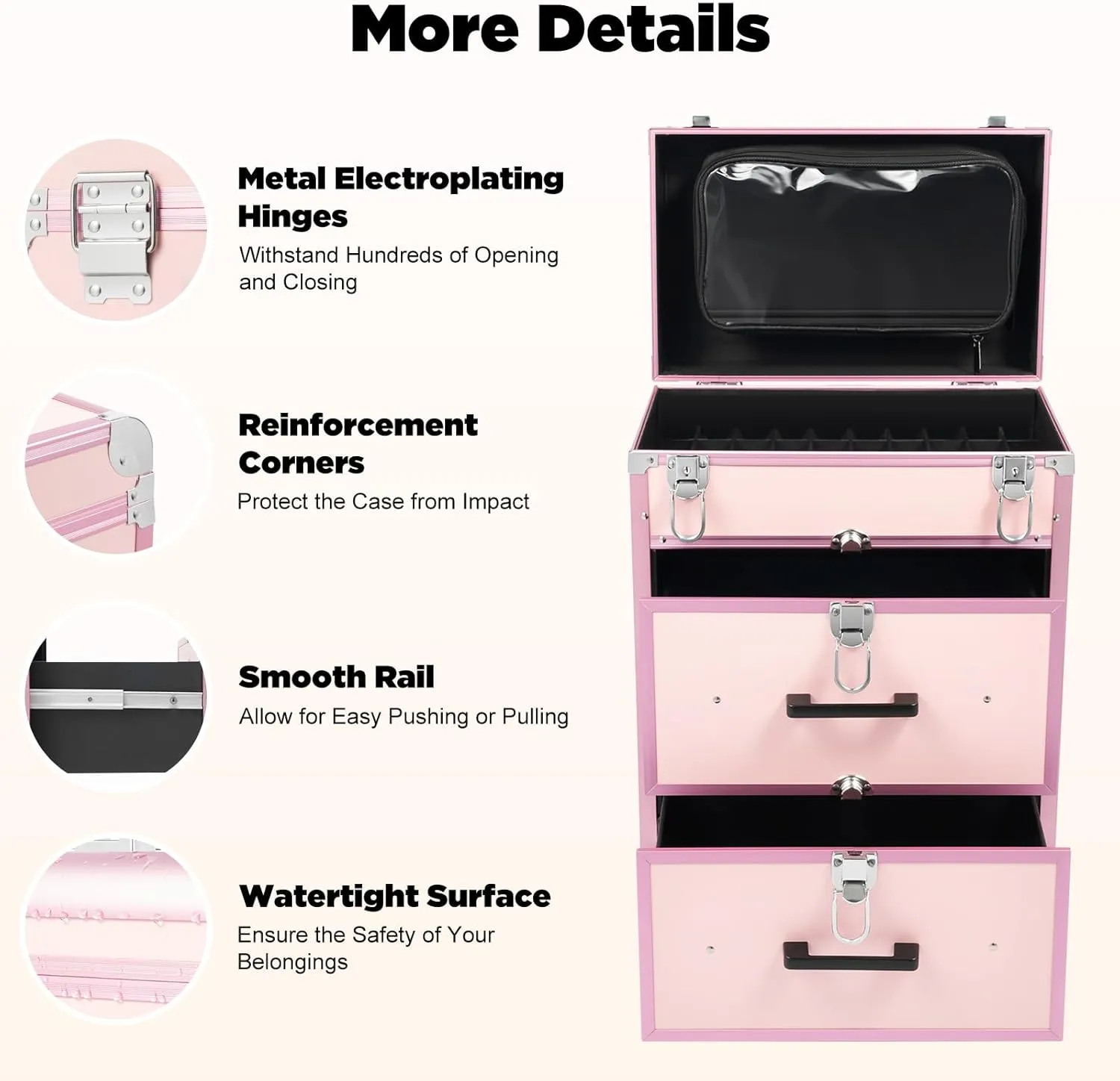 Rolling Makeup Train Case Professional Cosmetic Organizer Trolley with Drawers Compartment Nail Case Wheeled Manicure Pedicure Storage Case for Hair Stylists Makeup Artists (Light Pink & Silver)