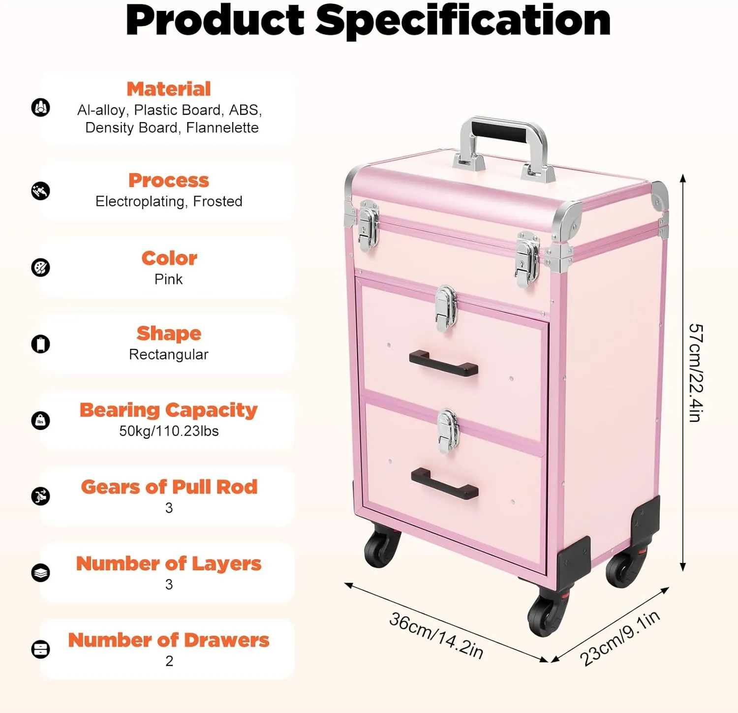 Rolling Makeup Train Case Professional Cosmetic Organizer Trolley with Drawers Compartment Nail Case Wheeled Manicure Pedicure Storage Case for Hair Stylists Makeup Artists (Light Pink & Silver)