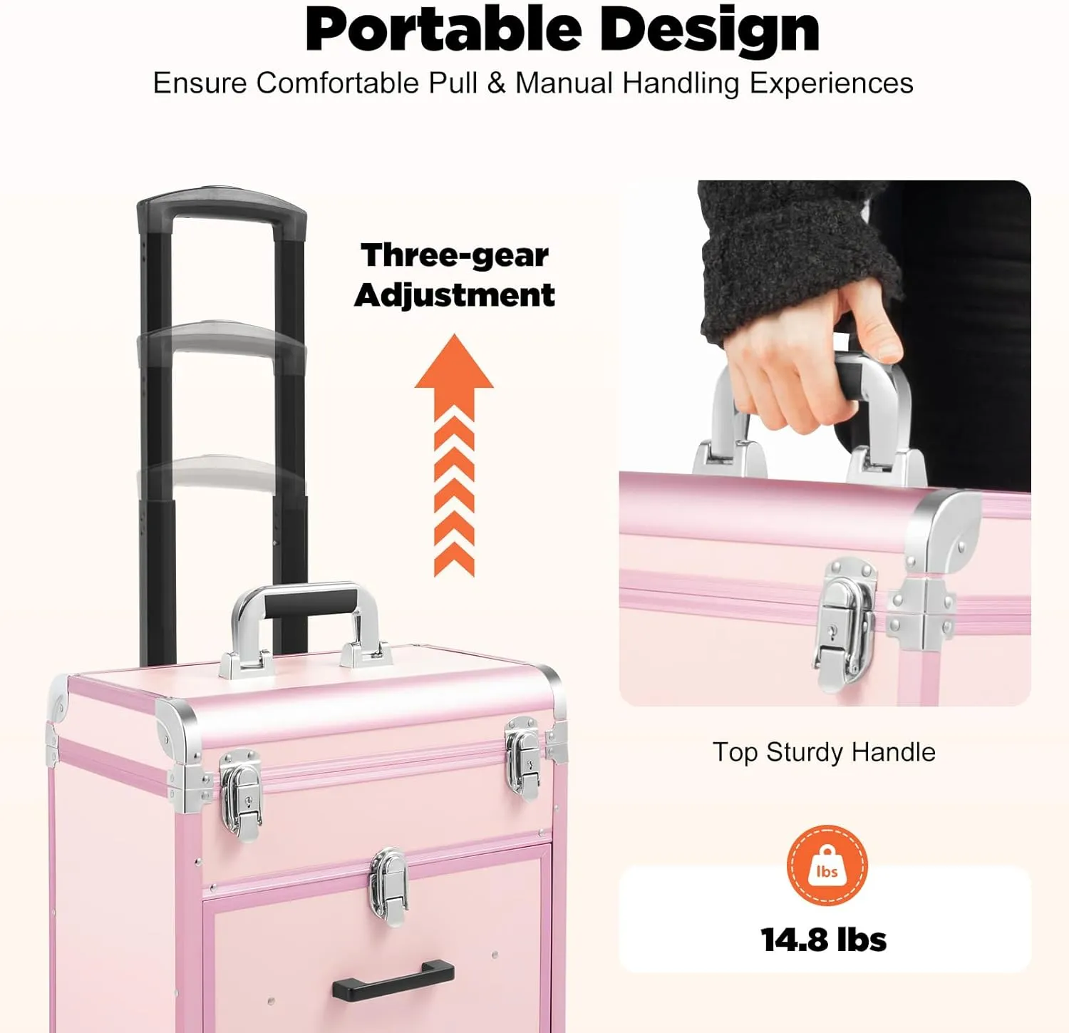 Rolling Makeup Train Case Professional Cosmetic Organizer Trolley with Drawers Compartment Nail Case Wheeled Manicure Pedicure Storage Case for Hair Stylists Makeup Artists (Light Pink & Silver)