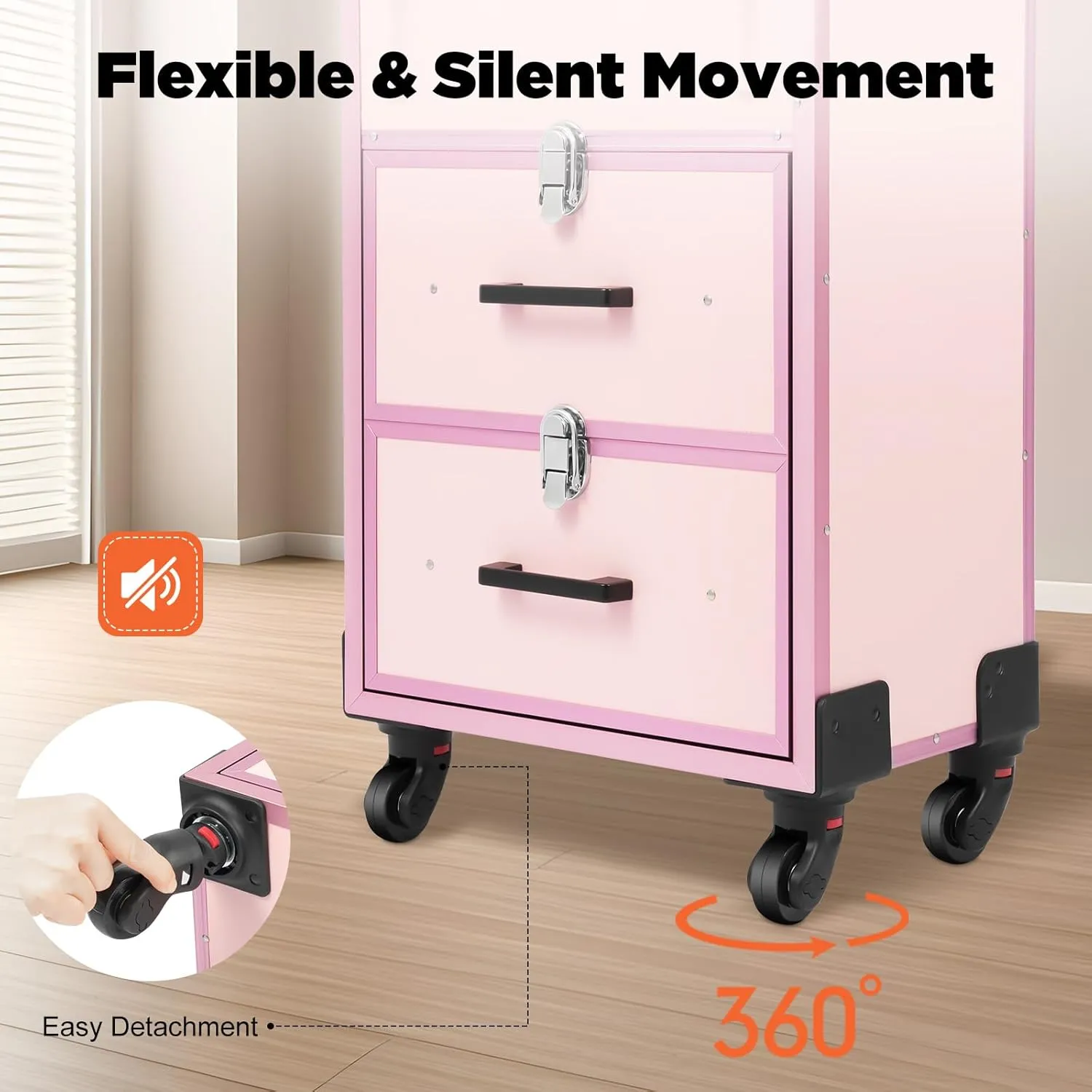 Rolling Makeup Train Case Professional Cosmetic Organizer Trolley with Drawers Compartment Nail Case Wheeled Manicure Pedicure Storage Case for Hair Stylists Makeup Artists (Light Pink & Silver)