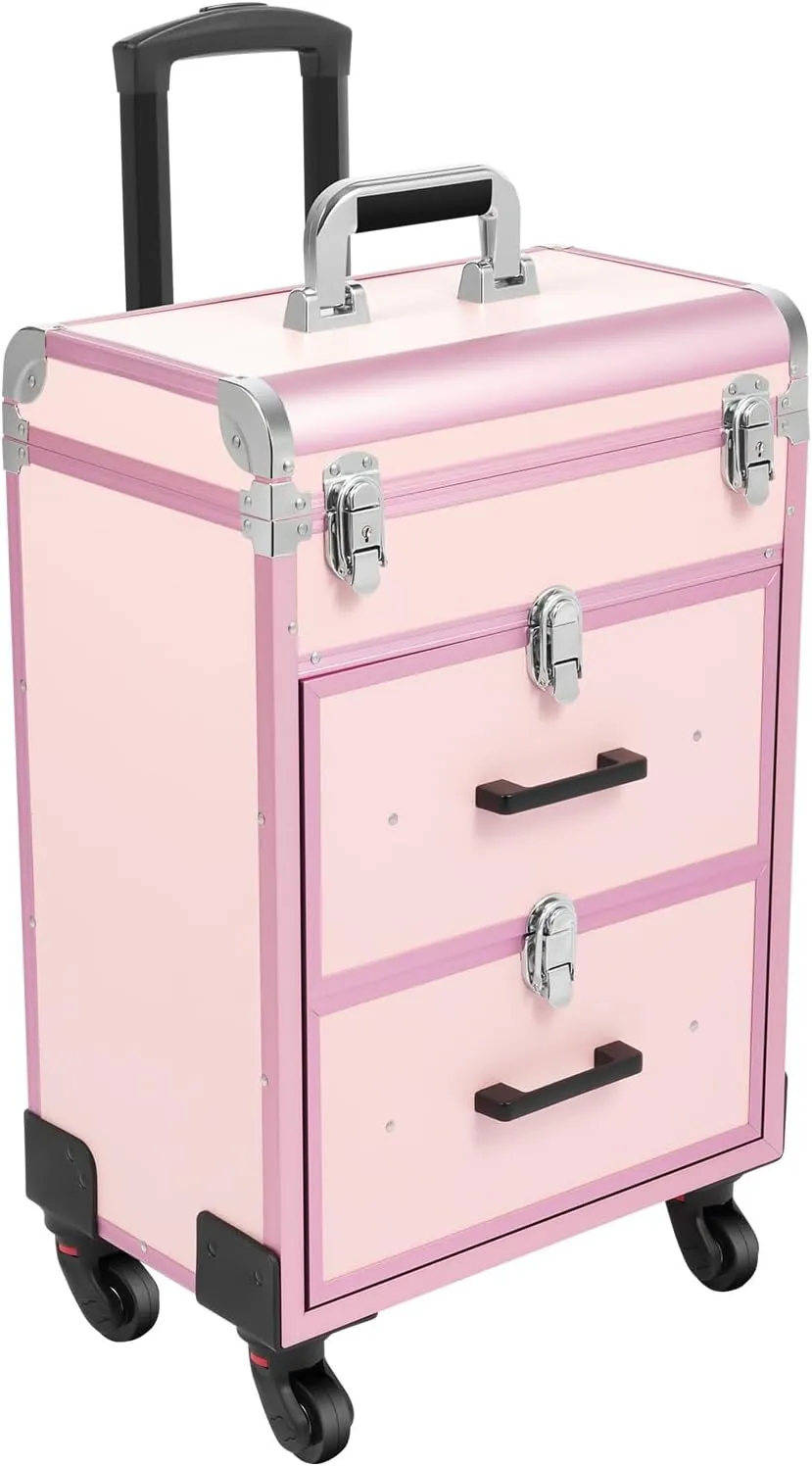 Rolling Makeup Train Case Professional Cosmetic Organizer Trolley with Drawers Compartment Nail Case Wheeled Manicure Pedicure Storage Case for Hair Stylists Makeup Artists (Light Pink & Silver)