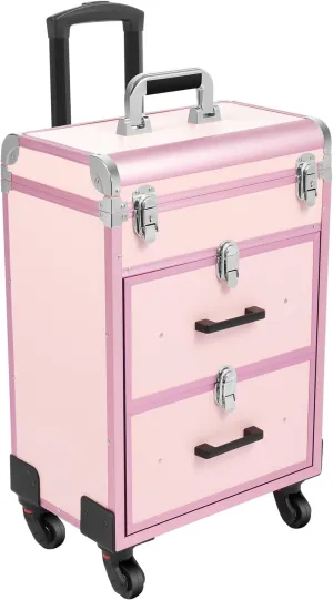Rolling Makeup Train Case Professional Cosmetic Organizer Trolley with Drawers Compartment Nail Case Wheeled Manicure Pedicure Storage Case for Hair Stylists Makeup Artists (Light Pink & Silver)