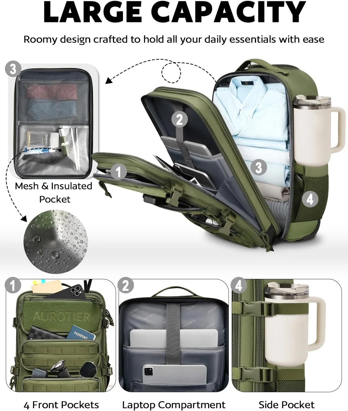Rolling Tactical Laptop Backpack, 17 Inch Wheeled Military Computer Backpack for Men and Women, Roller Carry on Luggage for Work Travel, Overnight Molle Outdoor Hiking Bag with Wheels, Green