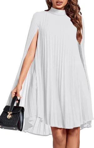Rooscier Women's Mock Neck Cloak Sleeve Pleated Keyhole Back Flowy Party Midi Dress