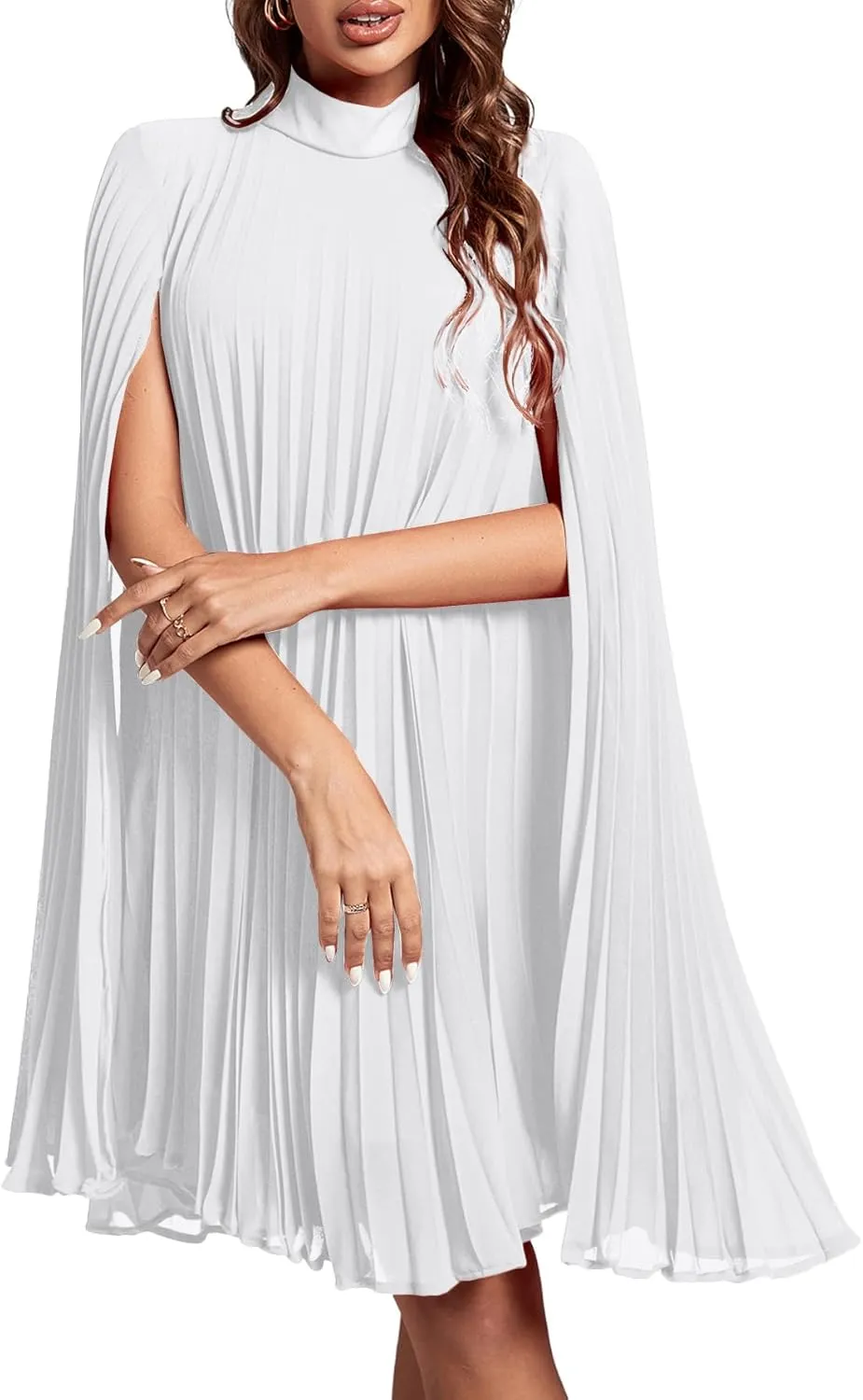 Rooscier Women's Mock Neck Cloak Sleeve Pleated Keyhole Back Flowy Party Midi Dress