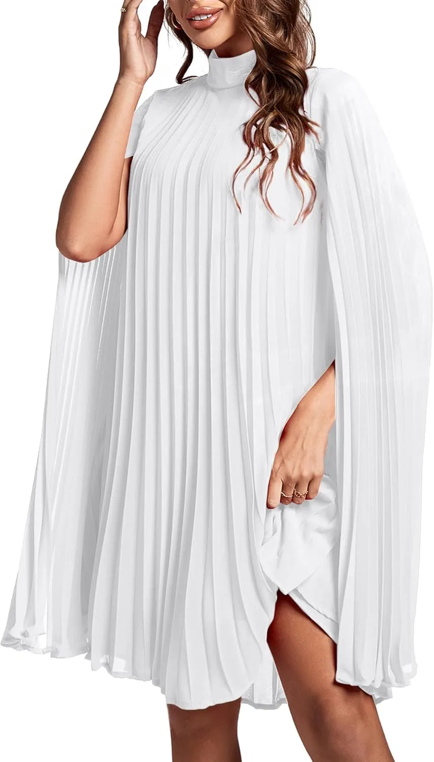 Rooscier Women's Mock Neck Cloak Sleeve Pleated Keyhole Back Flowy Party Midi Dress