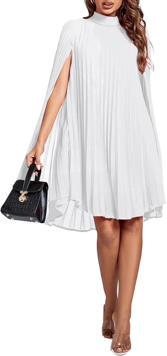 Rooscier Women's Mock Neck Cloak Sleeve Pleated Keyhole Back Flowy Party Midi Dress