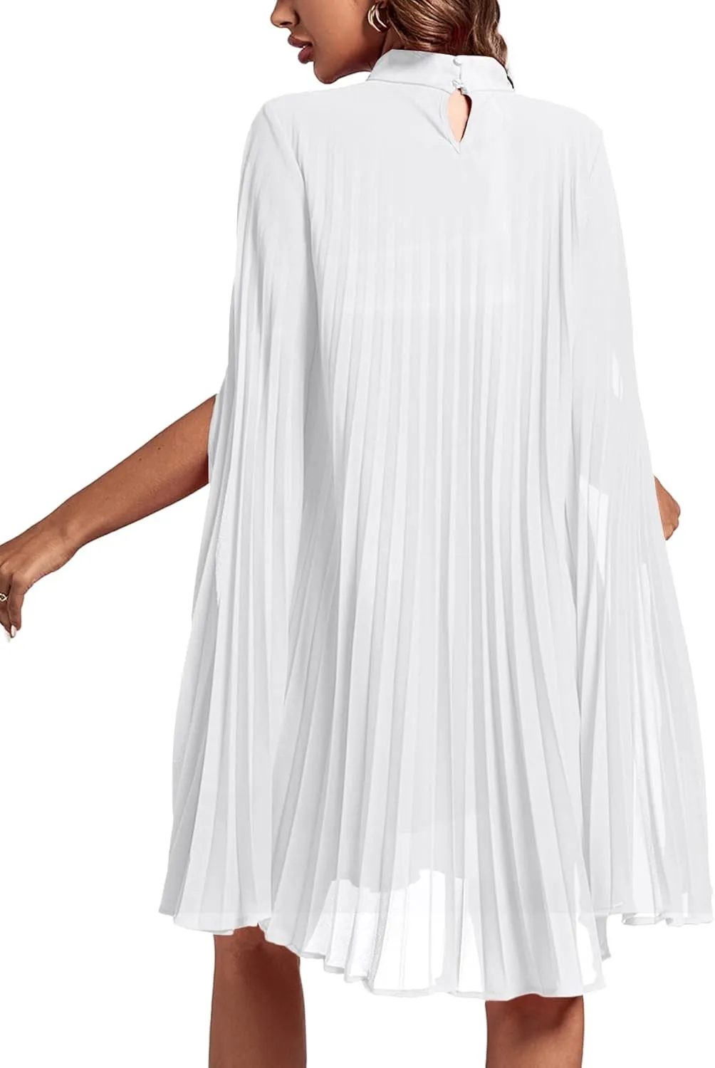 Rooscier Women's Mock Neck Cloak Sleeve Pleated Keyhole Back Flowy Party Midi Dress