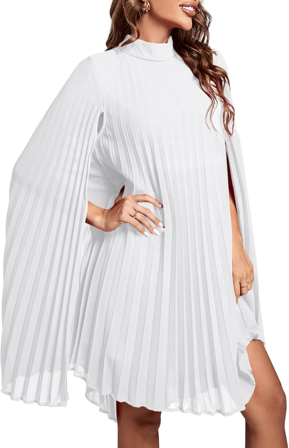 Rooscier Women's Mock Neck Cloak Sleeve Pleated Keyhole Back Flowy Party Midi Dress