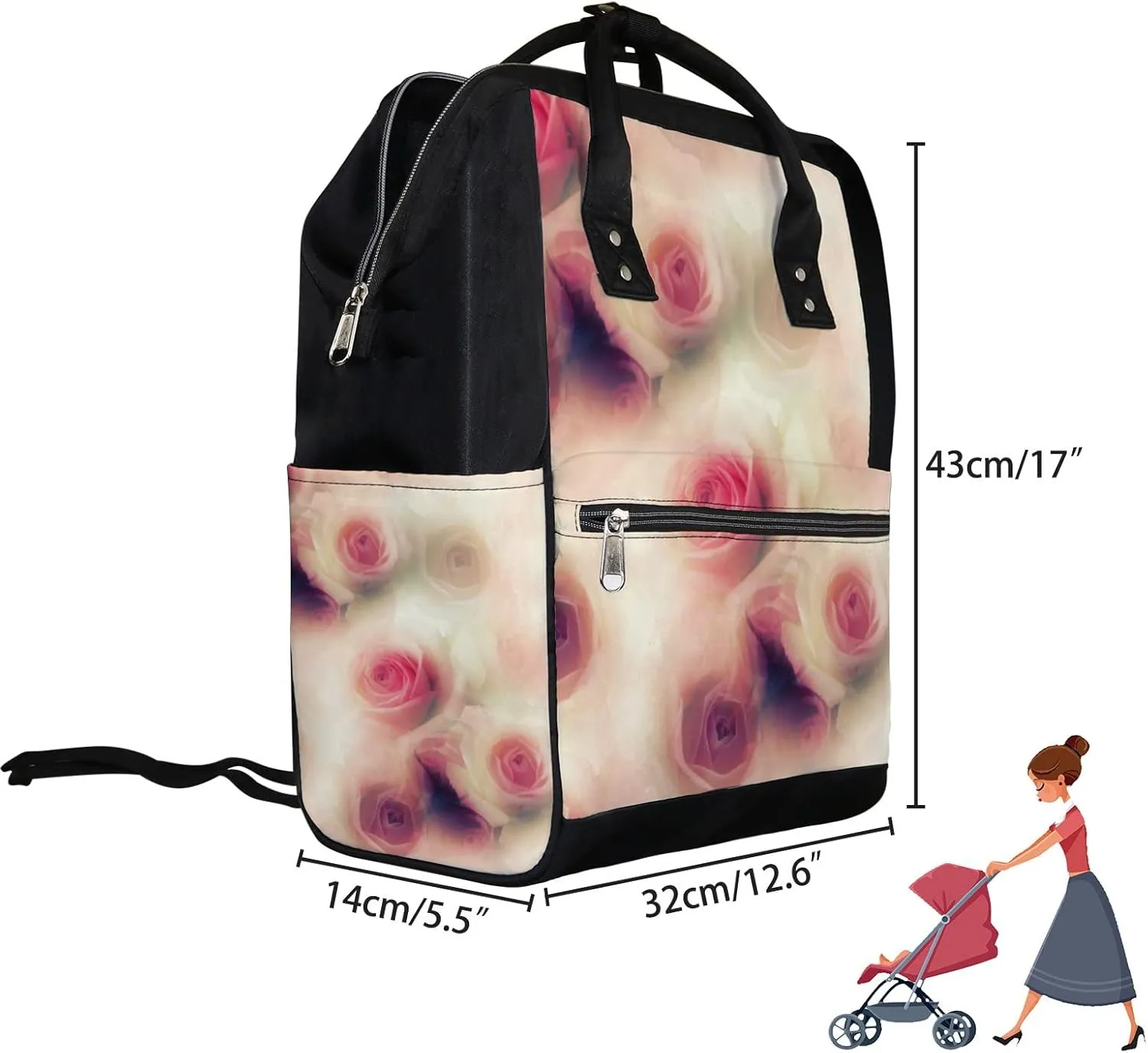 Roses Photo Watercolour Mix Diaper Bag Backpack Waterproof Backpack Baby Nappy Changing Bag for Travel Large Capacity Durable and Stylish for Woman