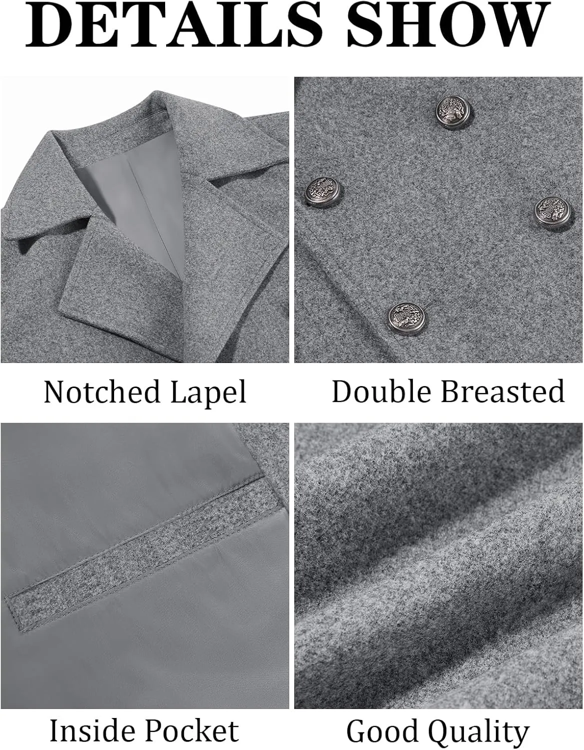 Runcati Mens Double Breasted Trench Coat Notch Lapel Peacoat Mid Long Winter Classic Overcoat